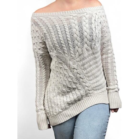 Express Cable Knit Oversized Long Asymmetrical Off Shoulder Sweater Sz M - Picture 1 of 8